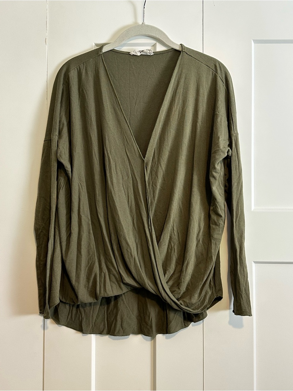 Double Zero Draped V-neck Long Sleeve Twist Front Top in Olive Green
